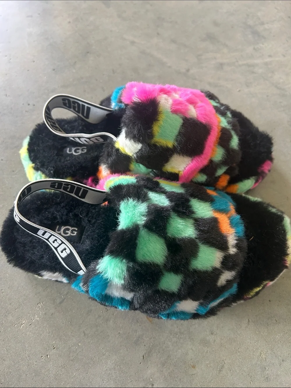 UGG Black Multicolor Checkered Fluff Slides